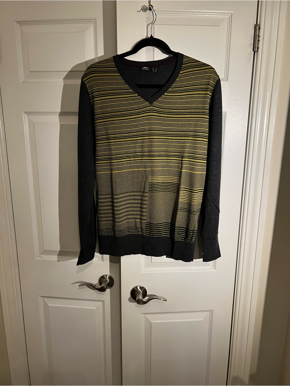 Mexx Men's V-Neck Striped Sweater in Black and Olive
